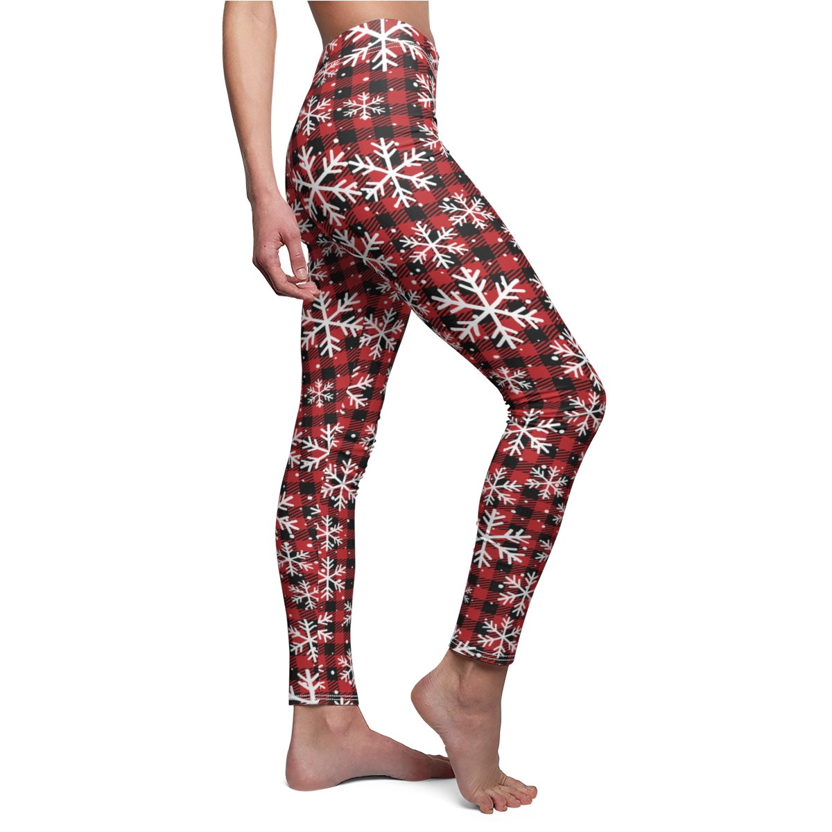 Christmas Holiday Snowflake Pattern Red Plaid Leggings - Women's Cut & Sew  Casual Leggings (AOP) - Royal Flame Designs